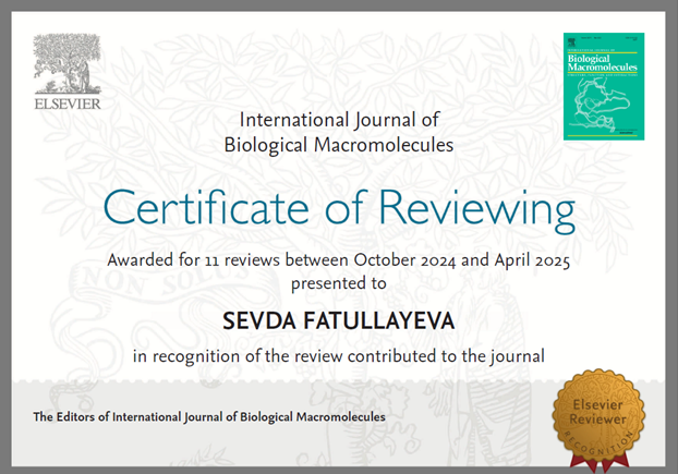 Kimyaçı alim “Elsevier” nəşriyyatının sertifikatına layiq görülüb