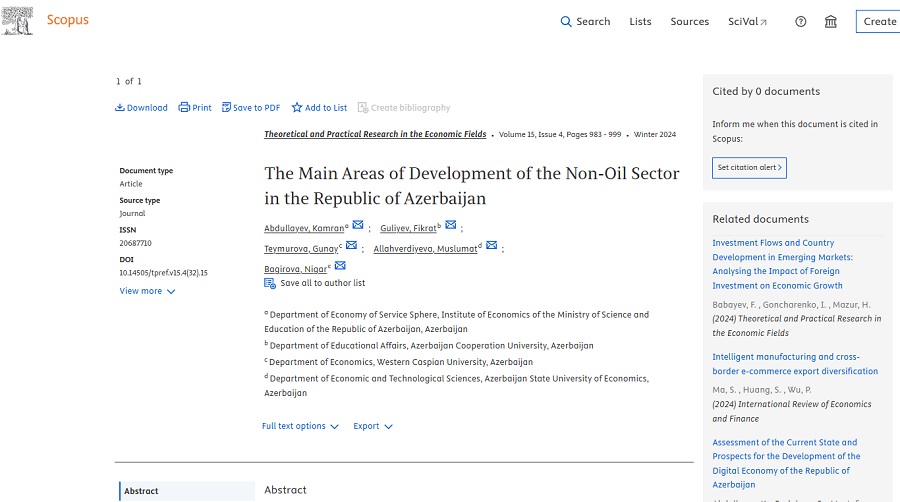 İqtisadçı alimlərin məqaləsi Scopus elmi bazasına daxil olan jurnalda nəşr olunub