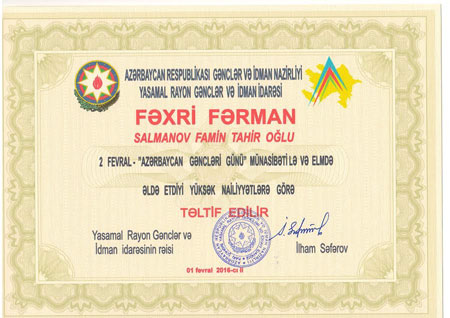 Chairman of the Council of Young Scientists and Specialists awarded on the occasion of Youth Day