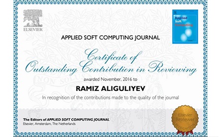 Professor Ramiz Alguliyev awarded the certificate "Outstanding Contribution in Reviewing"