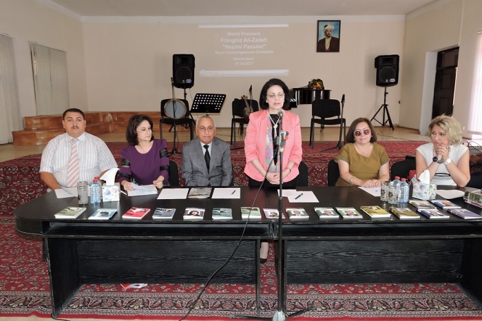A round table titled "Nasimi theme in works of Azerbaijani composers"