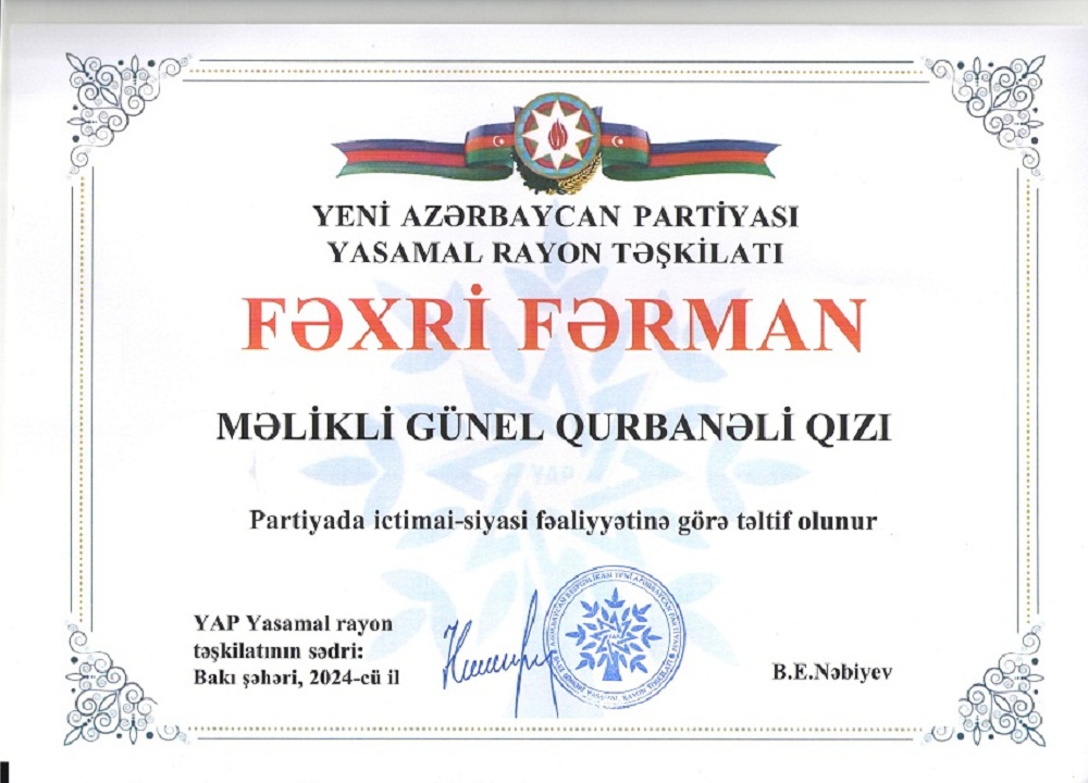 Gənc alim Günel Məlikli Yeni Azərbaycan Partiyası tərəfindən Fəxri fərmanla təltif olunub