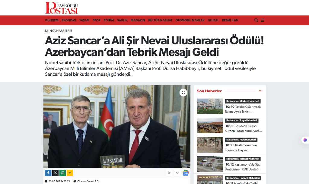 Akademik İsa Həbibbəylinin AMEA-nın fəxri üzvü Əziz Sancarı təbrik etməsi qardaş ölkənin mediasında geniş işıqlandırılıb