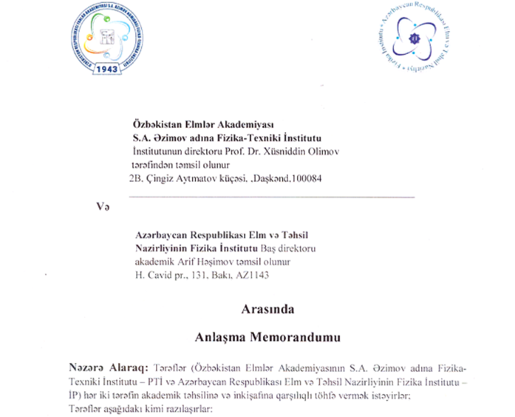 Fizika İnstitutu ilə Özbəkistan Elmlər Akademiyasının Fizika-Texnika İnstitutu arasında memorandum imzalanıb