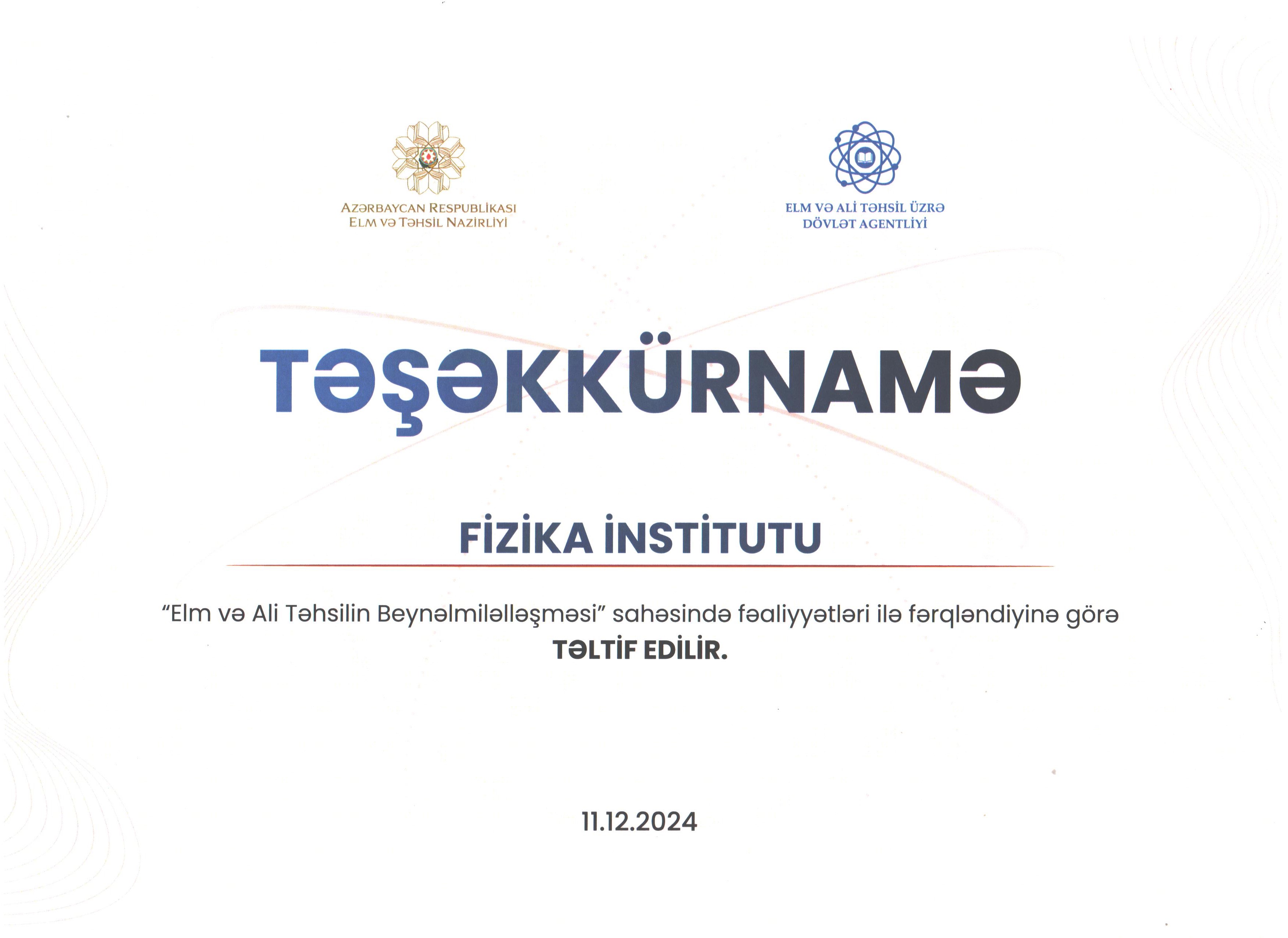 Fizika İnstitutu Təşkkürnamə ilə təltif edilib