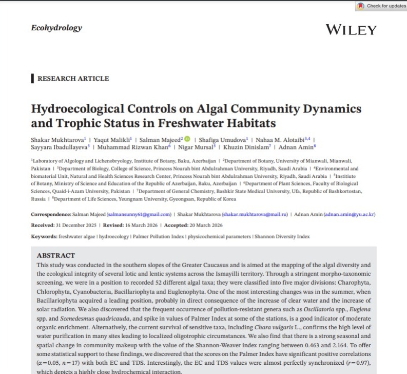 Botanika İnstitutunun alimlərinin məqaləsi nüfuzlu “Ecohydrology” jurnalında dərc olunub