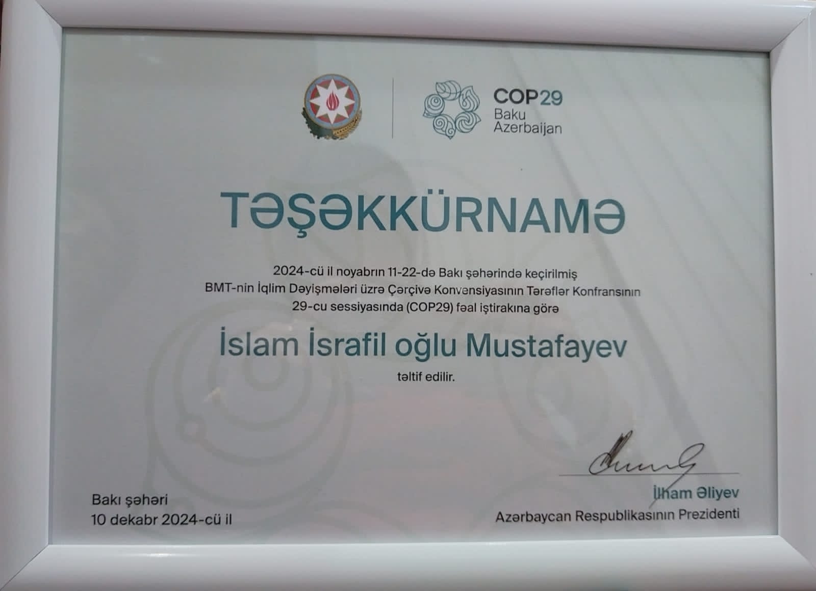 AMEA-nın müxbir üzvü İslam Mustafayev COP29 sessiyasında fəal iştirakına görə təltif olunub