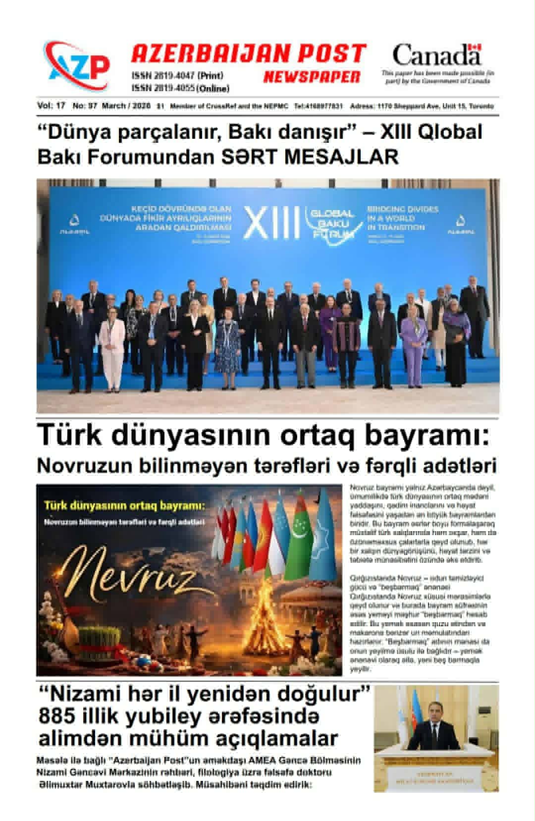 AMEA əməkdaşlarının Nizami Gəncəvi haqqında müsahibə və məqalələri Kanadada nəşr olunub