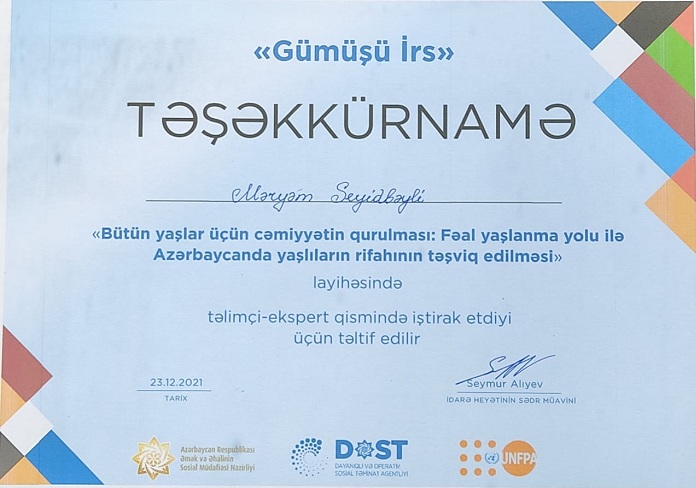Professor Məryəm Seyidbəyli DOST Agentliyində “Gümüşü irs” təlim kursunda fəal iştirakına görə təltif edilib