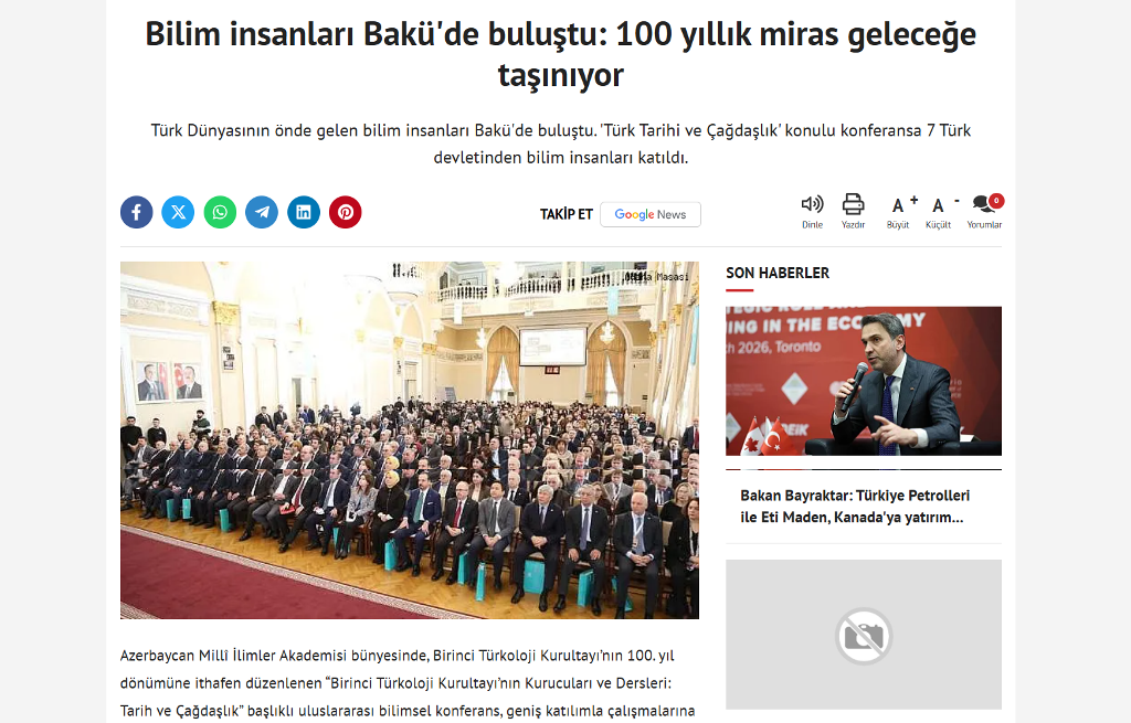 Birinci Türkoloji Qurultayın 100 illik yubileyi münasibətilə keçirilən beynəlxalq konfrans Türk dünyası mediasında