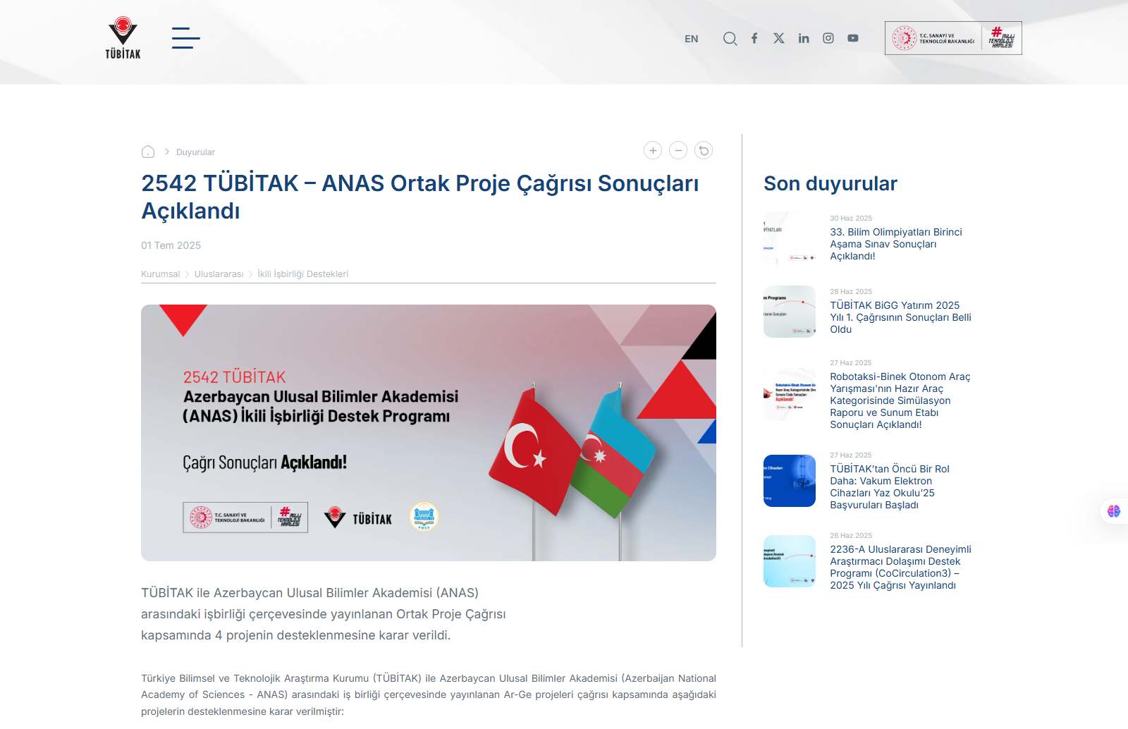 AMEA və TÜBİTAK-ın birgə elan etdiyi layihə müsabiqəsinin nəticələri açıqlanıb