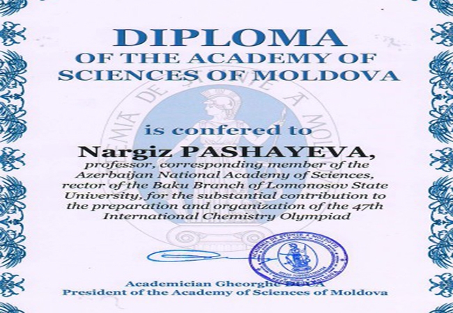 AMEA-nın müxbir üzvü Nərgiz Paşayeva Moldova Elmlər Akademiyasının diplomu ilə təltif edilib